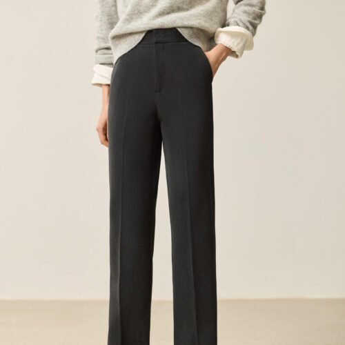 Fleece-Lined High-Waist Black Straight Pants
