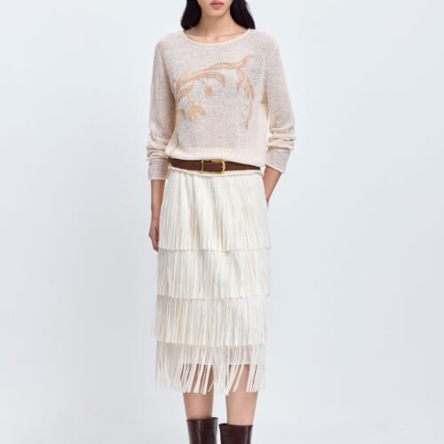 Tiered Fringe Midi Skirt