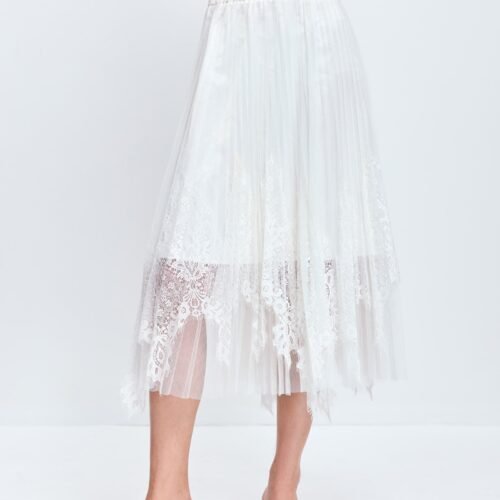 Lace-Paneled Pleated Midi Skirt