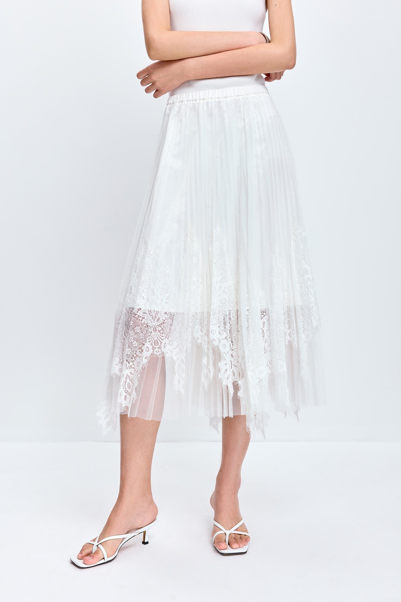 Lace-Paneled Pleated Midi Skirt
