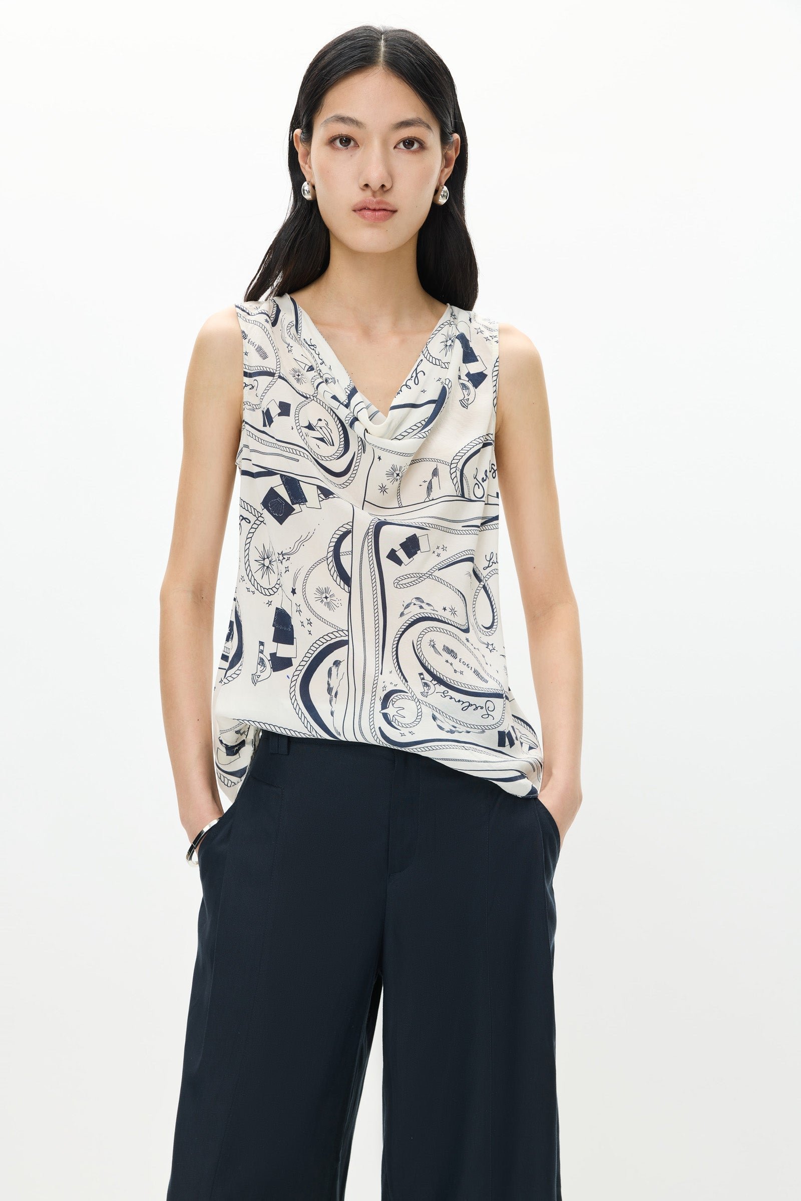 Bias-Cut Printed Cowl Neck Top