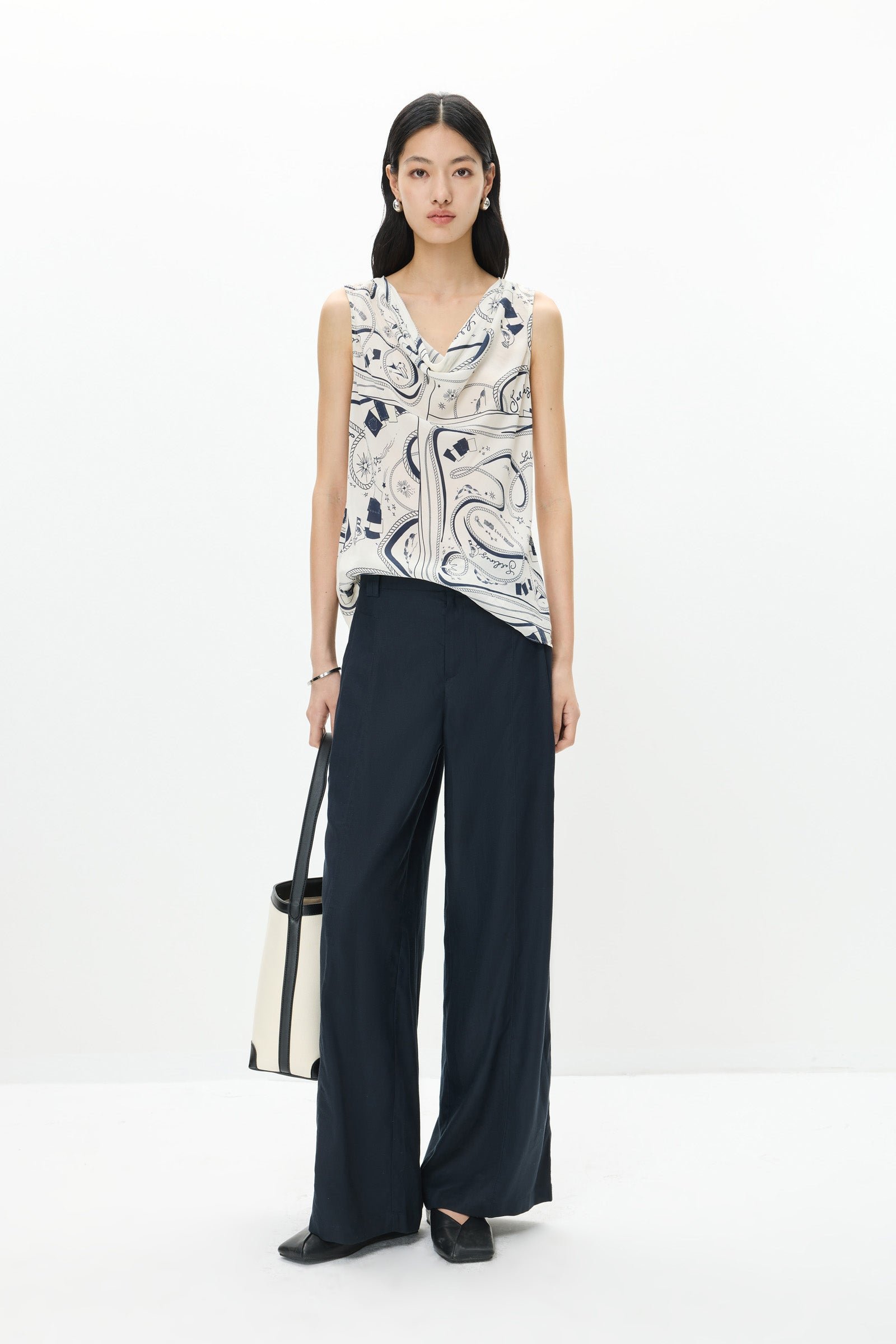 Bias-Cut Printed Cowl Neck Top - Image 2