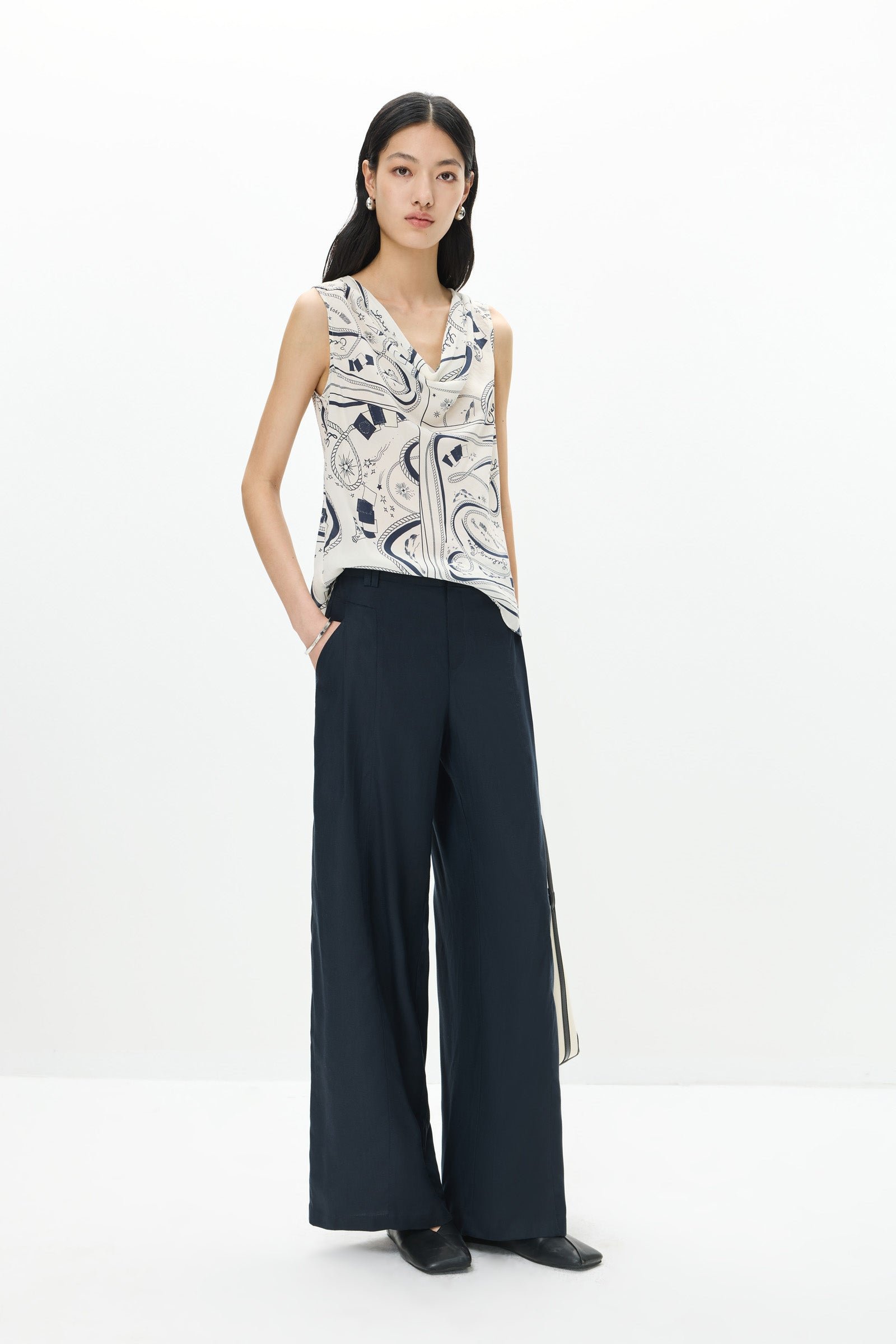 Bias-Cut Printed Cowl Neck Top - Image 3