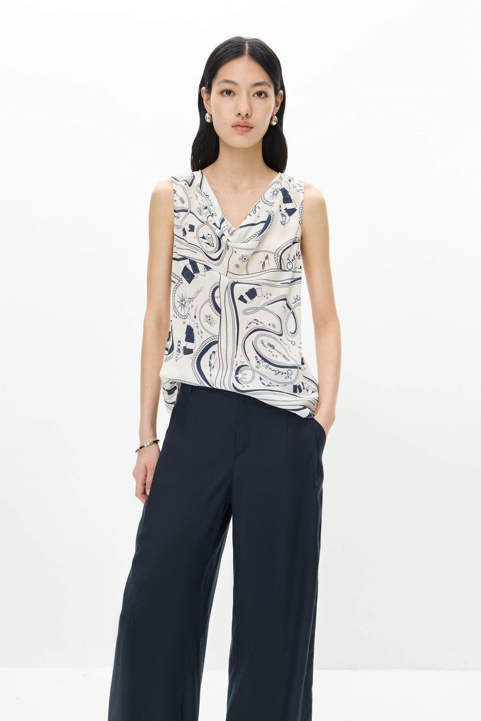 Bias-Cut Printed Cowl Neck Top - Image 5