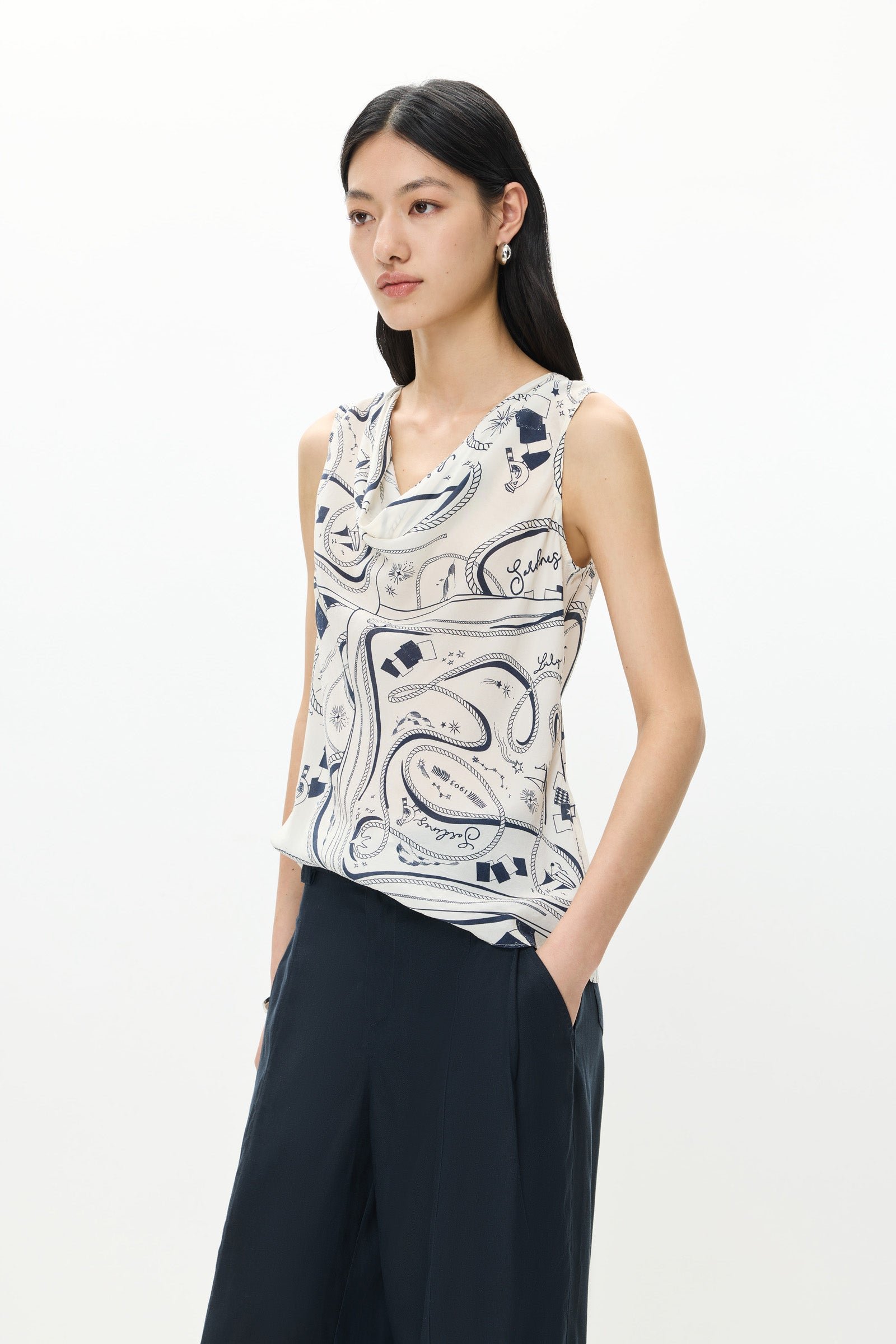 Bias-Cut Printed Cowl Neck Top - Image 6