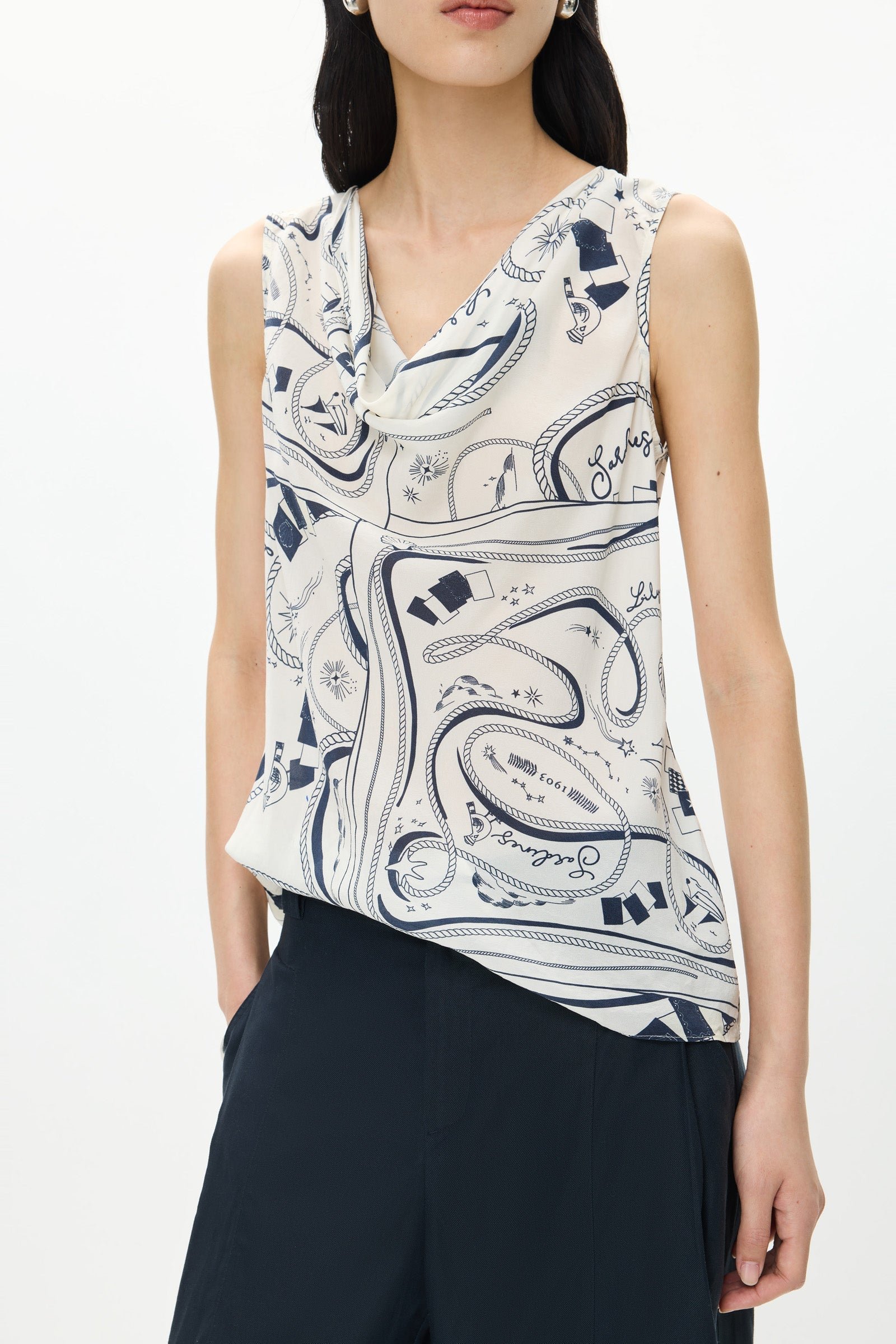 Bias-Cut Printed Cowl Neck Top - Image 7