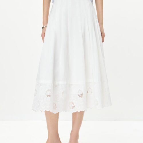 Lace-Embroidered A-Line Midi Skirt