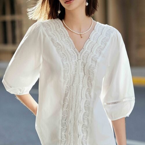 Cotton Lace Trim Puff-Sleeve Blouse